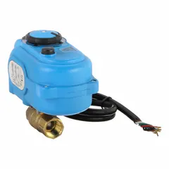 Brass electrically-actuated two-way ball valve with 1/2" FNPT x FNPT straight connections. Operates on 110V AC and includes a position indicator on the actuator. Features an ISO 5211 actuator mounting pad for standardized installation. Suitable for on/off flow control in industrial piping systems.