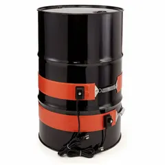 Band-style heater for 55-gallon drums, rated 300 W at 115V AC and 2.5 A. Operates from 0°F to 160°F for indoor use. Maintains or raises temperature of drum contents to improve flow and prevent freezing.