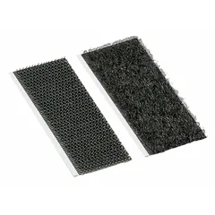 Pre-cut hook-and-loop strip, 2 inches long by 1 inch wide, made of nylon with a black adhesive backing. Suitable for reusable fastening tasks such as cable management, panel mounting, and temporary fixture attachment on surfaces like plastic, metal, and painted wood.