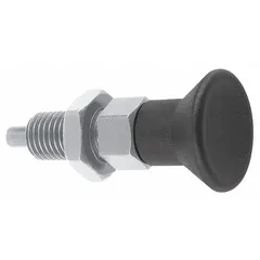 Nonlocking indexing plunger with extended pin and pull-knob for quick retraction. 18-8 stainless steel body with 400 series stainless steel plunger. M20x1.5 thread includes jam nut for secure mounting. Used in jigs, fixtures, and machinery for precise positioning of moving parts.