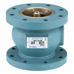 This inline check valve features a ductile iron globe body and double-disc design for silent operation. It is rated Class 125 flange and sized for 4-inch pipe. Suitable for preventing reverse flow in horizontal or vertical piping systems, it helps protect pumps and equipment from water hammer in water, wastewater, HVAC, and industrial process applications.