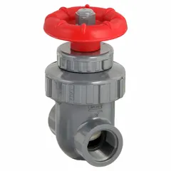 This PVC gate valve features a non-rising stem design with FIPS x FIPS threaded ends for compact installation. The solid polypropylene wedge and PVC bonnet provide corrosion resistance for general-purpose flow control in industrial piping systems handling water or compatible fluids up to 200 psi CWP.
