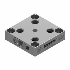 Square receiver base made of alloy steel, measuring 104 mm W x 104 mm L x 104 mm H and weighing 1.8 kg. Compatible with pull stud part number QL-200800. Used in workholding systems to securely locate and clamp fixtures on machine tables for quick, repeatable part changeover.