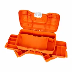 This empty first aid kit features an orange plastic housing that is lockable and portable. With overall dimensions of 14 in width, 8 3/4 in depth, and 7 5/8 in height, it provides a customizable storage solution for medical supplies in workplaces, job sites, and other environments where tailored first aid contents are required.