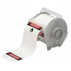 Roll of 100 pre-cut polyester danger tags for on-demand hazard identification. White gloss finish suitable for indoor and outdoor use. Compatible with GlobalMark printer series; requires ribbon 76739.