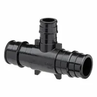 Expansion polymer barbed tee fitting with three barbed connections. Inner diameters: 19/32 in, 19/32 in, and 13/32 in. Designed for PEX expansion method. Used to branch tubing in plumbing and hydronic heating systems