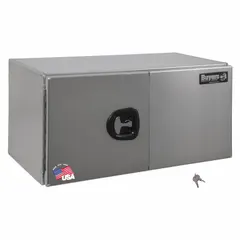 This double barn-door box from BUYERS PRODUCTS is designed for underbody truck mounting, providing secure storage for tools and equipment. It features a silver finish, keyed lock, and 18-inch overall depth. Suitable for fleet and vehicle maintenance applications.