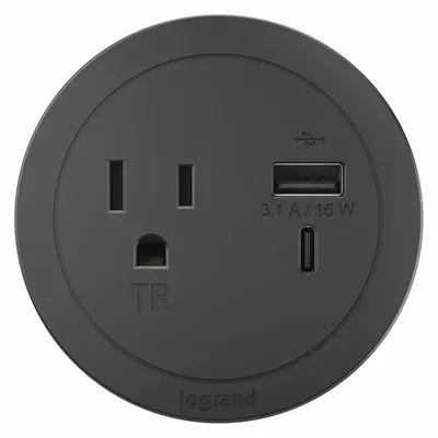 LEGRAND Furniture Power Outlet: 1 Outlets, 10 ft Cord Lg, Black, 5-15R, 3 in Wd - Furniture Power Strips