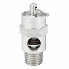 Soft seat pneumatic safety valve with 1/4 in male NPT inlet, preset at 75 psi. Stainless steel body and internals with Viton seal. Used for overpressure protection in pneumatic systems.