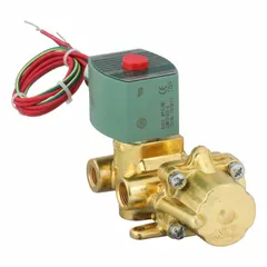 This 4-way/2-position solenoid valve from REDHAT is configurable for directional control of air or fluid flow. It features a 1/4 in pipe size, 120V AC voltage, and a watertight coil enclosure without a junction box. Suitable for pneumatic actuators, cylinders, and other industrial automation applications requiring reliable switching in wet environments.