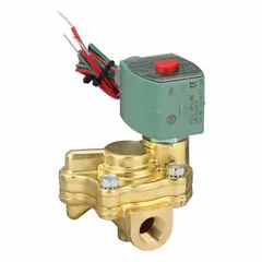 This 2-way, 2-position normally closed solenoid valve is designed for on/off control of liquids or gases. It features slow-closing operation to reduce water hammer, with a 3/8 in pipe size and 120V AC coil (rated 110V AC). The coil enclosure is without a junction box. Suitable for applications requiring gentle flow shutoff.