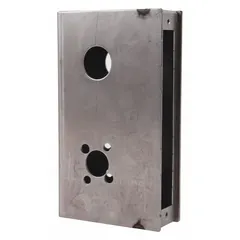 This steel gate box is designed for welding onto steel plates or structures to provide access to valve stems in buried or enclosed piping systems. It features six mounting holes and includes all necessary hardware. The unfinished silver finish allows for field painting if desired.