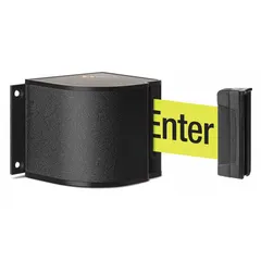 This wall-mount retractable belt barrier features an 18 ft yellow belt with black caution messaging and a black frame. It is designed for fixed mounting via a plate, suitable for managing pedestrian flow, cordoning off restricted areas, or guiding queues in facilities and public spaces.