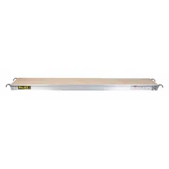 Aluminum-framed platform with a plywood deck, finished in silver. Supplied with wind latches for securing the plank in outdoor or breezy conditions. Used as a stable work surface at height in construction and maintenance applications.