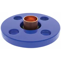This wrot copper tube flange features a cup end for sweat (solder) connection to copper tubing and a flange end for bolting to flanged equipment. It is used in plumbing and HVAC systems to transition from copper tubing to threaded or flanged components. The fitting meets low-lead content requirements.