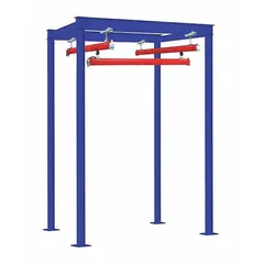 Steel overhead monorail crane kit for lifting and moving loads along a fixed path. Includes two 10 m runways. Post height 13 ft, height under beams 10 19/32 ft. Suitable for assembly lines, warehouses, and maintenance bays.