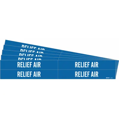 BRADY Pipe Marker: Relief Air, Blue, White, Fits 3/4 to 2 3/8 in Pipe O.D., 4 Pipe Markers - Relief Air Adhesive Pipe Markers