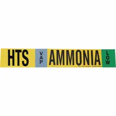 Adhesive pipe marker for ammonia piping systems, designed for VAP phase and Low pressure level. Fits pipe outside diameter of 8 inches and larger. Supplied as a single marker without arrows, with IIAR system abbreviation HTS. Suitable for marking high-temperature side lines in industrial refrigeration applications.