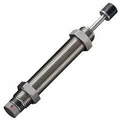Steel industrial shock absorber with 8.9 N force rating. Used to decelerate moving loads and absorb kinetic energy in automation, packaging, and material handling equipment. Protects machinery from impact damage and reduces noise in high-cycle applications.