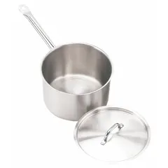 This 2.625 qt stainless steel sauce pan features a straight body, flat cover, and welded handle. With a 7 3/4 in diameter and silver finish, it is suited for simmering sauces, heating soups, and cooking small portions in commercial or home kitchens.
