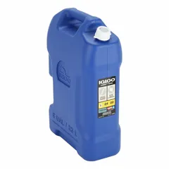 Hard-sided water container made of blue HDPE with a 6 gallon capacity. Measures 13 7/8 inches in length and 7 3/8 inches in width. Suitable for storing and transporting potable water in industrial, construction, and outdoor settings.