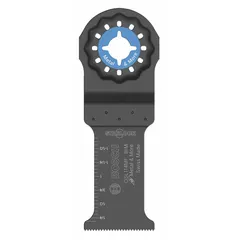 This BOSCH Starlock Mounted Blade is a bi-metal plunge cutting blade with a 4-inch overall length. Designed for oscillating tools, it is suitable for flush cuts and precise notching in wood, commonly used in trim work, flooring, and remodeling applications.
