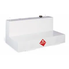 L-shaped transfer tank with 100-gallon capacity, constructed from 14-gauge steel with a powder-coated finish. Designed for storing and transporting diesel fuel. Suitable for use in fleet maintenance, construction, and industrial settings where space-saving installation is required.