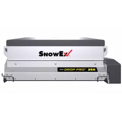Drop-type tailgate spreader with 2.5 cu ft capacity, constructed of stainless steel. Designed for vehicle battery power and hitch mounting on UTVs. Suitable for distributing salt, sand, or ice melt on driveways, parking lots, and walkways during winter operations.