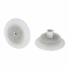 This flat vacuum pad assembly is designed for fast handling of smooth, non-porous items in food processing and packaging applications. It features a G1/8 in vacuum port and a 54.3 mm pad diameter, constructed from food grade silicone rubber with a hardness of 55 A. Suitable for lifting trays, containers, and wrapped products without contamination.