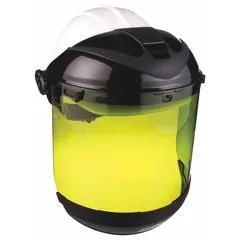White front brim hard hat kit with ANSI Type 1, Class E rating. Includes a ratchet 6-point suspension for secure fit and a universal slot adapter for accessories. Suitable for industrial environments requiring top impact protection and electrical insulation up to 20,000 VAC.