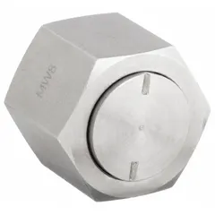 This stainless steel hydraulic hose cap is designed to seal female O-Ring Seal (ORS) ports and fittings. It protects hydraulic system components from contamination and leakage in fluid power circuits. Suitable for use in industrial machinery and equipment where corrosion resistance is required.