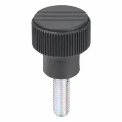 Knurled knob with threaded stud for manual adjustment and clamping on machinery, jigs, and fixtures. Plastic body with steel M10 threaded stud. 34 mm diameter, 30 mm thread length. Gray color.