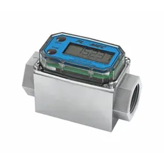 This FLOMEC turbine totalizer is designed for inline fuel flow measurement and totalization. It features a 1 in FNPT connection, PVDF rotor, digital display, and 4-20 mA output. Accuracy is +/-1.5% (body only) and measurement is in liters. Suitable for fuel transfer and monitoring systems.
