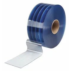 These low-temperature replacement strips are made of clear PVC with a reinforced/smooth finish, rated for a minimum operating temperature of -20°F. Supplied in a roll, they are used as flexible curtain strips for industrial doorways, walk-in coolers, or freezer openings to maintain temperature separation while allowing visibility and traffic flow.