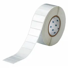 This precut label roll measures 1 inch by 2 inches with a 1-inch core. It is made of metalized polyester with a metal-detectable feature and silver finish. Designed for use with the BBP81 printer series, it is suitable for labeling in environments where metal detection is required, such as food processing or pharmaceutical facilities.
