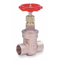 This bronze gate valve features a non-rising stem design suitable for applications where vertical space is limited. It has sweat x sweat connections and a maximum pressure rating of 200 psi (CWP). The valve is constructed with a bronze wedge and bronze bonnet, making it appropriate for on/off control in plumbing and water systems.