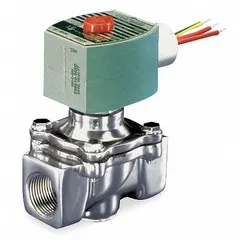 This 2-way, 2-position normally closed solenoid valve from REDHAT features a 3/4 in pipe size and operates on 120V AC. It includes a watertight coil enclosure and an NBR seal. Typical applications include on/off flow control for water, air, and other compatible fluids in industrial and process systems.