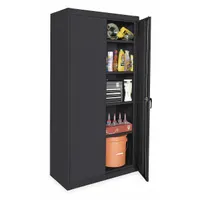 Stationary steel cabinet with welded frame base and black powder-coated finish. Includes four adjustable shelves and a swing handle with keyed lock. Panel thickness is 22 ga. Suitable for secure storage of tools, parts, and supplies in industrial environments