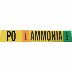 Ammonia adhesive pipe marker for industrial piping identification. IIAR system abbreviation PO, phase LIQ, pressure level Low. Fits pipe outer diameter 2-1/2 to 7-7/8 inches. Supplied without directional arrows. Single marker per unit.