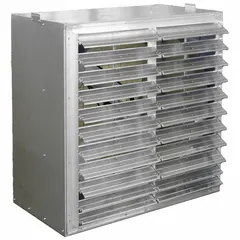 Belt-drive cabinet exhaust fan with integrated shutter, 48-inch blade, and 1 hp Totally Enclosed Air Over motor. Nameplate voltage 208-230/460V AC. Ships fully assembled. Used for general ventilation in industrial and commercial spaces to remove heat, fumes, and stale air.