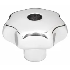 This 7-arm knob features a threaded through-hole for manual clamping, positioning, and adjustment on industrial machinery, fixtures, and jigs. Made of polished stainless steel, it offers corrosion resistance. Diameter: 63 mm. Thread: 1/2"-13, thread length: 22 mm.