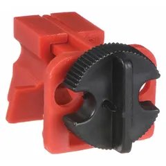 Clamp-on lockout for three-pole circuit breakers with a tie-bar, rated for 120/277V AC. Used in lockout/tagout procedures to prevent accidental re-energization during maintenance. Does not include a cable tie slot.