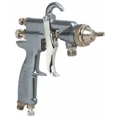 This BINKS conventional spray gun features a 9-inch aluminum body and a 1/4-inch NPS air inlet. It consumes 3.4 cfm at 30 psi and is designed for applying adhesives and epoxies. Suitable for industrial finishing, assembly, and maintenance operations requiring high-viscosity fluid application.