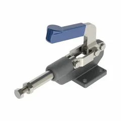 This JERGENS straight-line toggle clamp features a flange base mounting and a standard horizontal handle. With a plunger height of 1.7 inches, it provides clamping force for workholding and fixturing applications in machining, assembly, and welding operations.