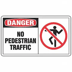 These adhesive-mounted danger signs warn against pedestrian traffic in restricted areas. Each sign measures 3 1/2 x 5 inches with a thickness of 0.02 inches. The vinyl labels are not retroreflective, not glow-in-the-dark, and have no anti-slip surface, suitable for indoor use on walls, doors, or equipment. Sold in a 5-pack.