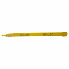 Plastic strap seals with 7-1/2 in strap length and 1/4 in width, breaking strength of 60 lb. Laser-marked black numbering in random sequence with 'Sealed' message. Supplied in packs of 1,000. Used for tamper-evident sealing of bags, meters, and containers in industrial and logistics applications.