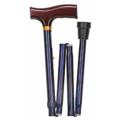 This folding cane features a wood Derby-Top handle and a blue aluminum shaft. It adjusts from 33 to 37 inches and includes a storage sleeve. Suitable for mobility support and balance assistance.