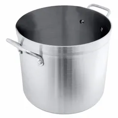This 32 qt aluminum stock pot has a 4 mm gauge and 13 7/8 in diameter. NSF certified. Lid not included. Suitable for large-volume cooking such as simmering stocks, soups, and sauces in commercial kitchens.