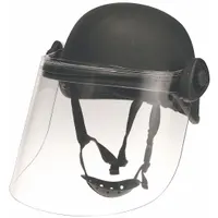 Level IIIA ballistic helmet with black aramid shell and Paulson face shield. Features a suspension system and fits hat size L. Provides protection against fragmentation and handgun threats for tactical, law enforcement, and security use