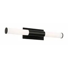 Wall-mounted integrated LED vanity light for bathroom or dressing-area illumination. Delivers 2,200–3,300 lumens at 3000K warm white, dimmable, 27 W, 120V AC. Black finish, 27 1/4 in length, 4 in width.